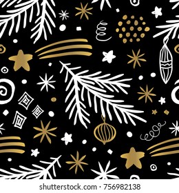 Happy New Year Merry Christmas seamless patterns sketch styles Trendy doodles style Golden White Black Hand Drawn set vector illustration
