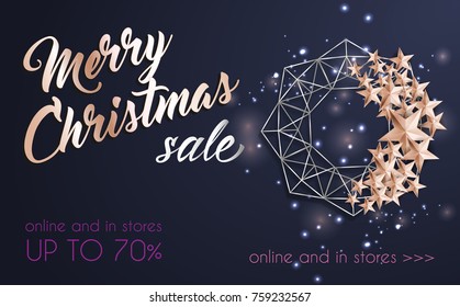 Happy New year and Merry Christmas Background with Christmas Wreath of Cutout Shining Pink Gold Stars. Gift Card, Invitation, Banner Template