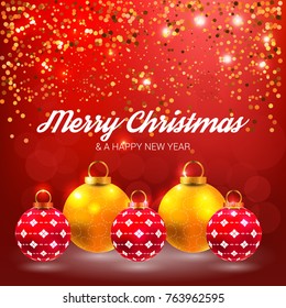 Happy New year and Merry Christmas illustration, Xmas bokeh red background with golden decoration, glowing lights and decoratoive Christmas balls