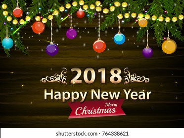 Happy new year and merry christmas on brown tree with branches of christmas tree. Vector garlands and light on dark background 