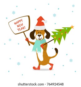 happy new year merry christmas cute cartoon dog with xmas pine tree