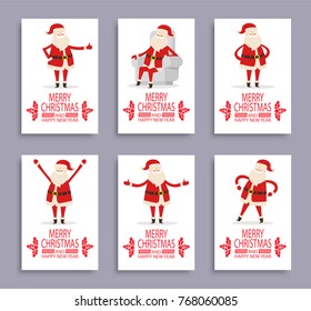 Happy New Year and merry Christmas Santa congrats on set of six light posters. Vector illustration with fairytale winter character on white background
