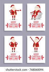 Happy New Year and merry Christmas Santa congrats on set of light posters. Vector illustration with fairytale winter character on white background