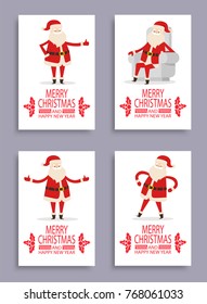Happy New Year and merry Christmas Santa congrats on set of light posters. Vector illustration with fairytale winter character on white background