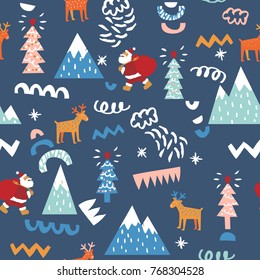 Happy New Year and Merry Christmas seamless pattern. Hipster winter background.