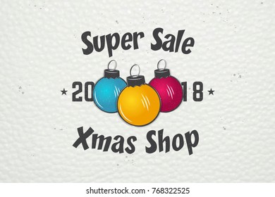 Happy New Year and Merry Christmas. Christmas shopping. Year of the dog. Detailed elements. Old retro vintage grunge. Typographic labels, stickers, logos and badges. Flat vector illustration