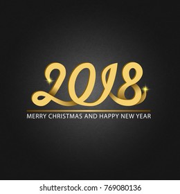 Happy New Year and Merry Christmas monogram 2018 number sparks shiny golden calligraphy handwritten text shabby texture black background. Winter holiday greeting card print typography design element.