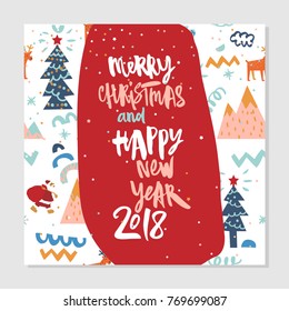 Happy New Year and Merry Christmas background with Santa and christmas tree. Hipster winter Greeting card