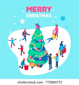 Happy new year and merry christmas card with winter outdoor leisure activities. People playing in snow, shopping, decorating christmass tree, ice skating, etc. Isometric vector illustration.