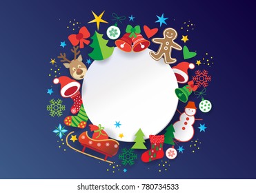 Happy New Year and Merry Christmas Winter Holiday greeting card template, with white round frame for text, christmas decoration, ornament, symbols, cartoon background. Happy New Year and Merry Christmas Winter Holiday greeting card template, with white round frame for text, christmas decoration, ornament, symbols, cartoon background.