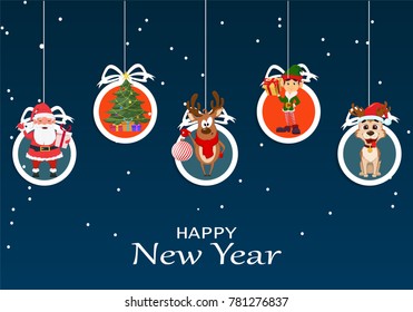 Happy New Year and Merry Christmas greeting card with hanging toys on blue background. Vector illustration