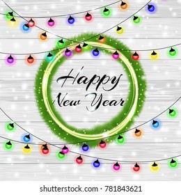 Happy New Year and Merry Christmas 2018. Elegant christmas background with circle of christmas tree. Snowflakes, lights, sparkles and garlands on background boards. Led neon lamp. Greeting card design