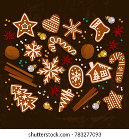 Happy New Year and Merry Christmas background for greeting card with gold and silver toys, brown gingerbread, spices, beads. Cartoon style of New Year and Christmas elements, symbols. Vector art