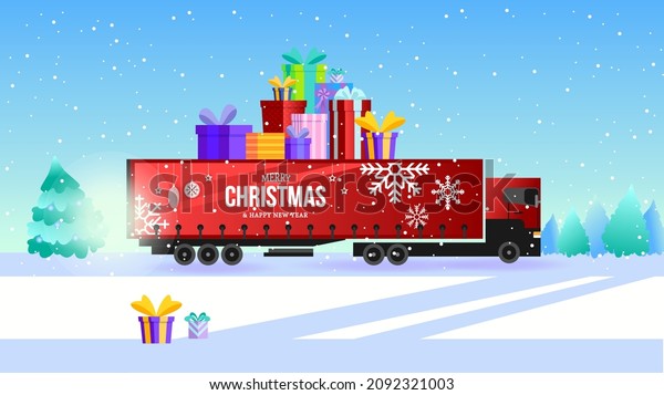 Happy New Year and Merry Christmas flat truck
with gifts colourful on winter background. A festive atmosphere for
your corporate gifts, calendars, banners and postcards. Online
cargo delivery service