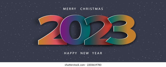 Happy new year and Merry Christmas2023 Number paper cut text on grey background.Design with 2023 colour trend for greeting card wishe, Brochure design template, card, banner. Vector illustration