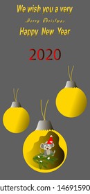 Happy new year, merry Christmas.Bright yellow Christmas balls with the symbol of the year, rats,happy new year background.