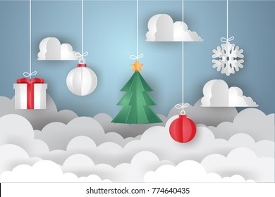 Happy new year and Merry Christmas.Paper craft theater with clouds,gift box,christmas tree ,bauble and snowflake hanging on ropes on a blue background.Vector art and illustration.Paper and craft art