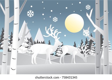 Happy new year and Merry Christmas.Reindeer in snow forest with full moon,Paper and craft art