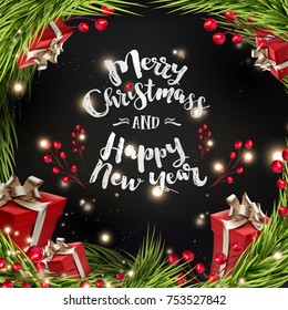 Happy New Year and Merry christmass background with presents, shining golden tree Baubles and berries.