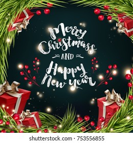 Happy New Year and Merry christmass background with presents, shining golden tree Baubles and berries.