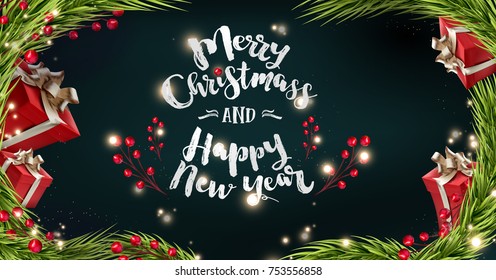 Happy New Year and Merry christmass background with presents, shining golden tree Baubles and berries.