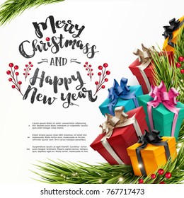 Happy New Year and Merry christmass background with presents, shining golden tree Baubles and berries.
