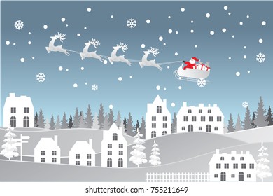 Happy new year and Merry Christmas.Santa Claus on the sky coming to the City ,Paper and craft art