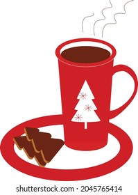 Happy New Year or Merry Cristmas vector image. Hot drink with steam im high red cup decorated with white New Year tree. Two chocolate cookies on the plate. Warm, cozy, calm and tasty.