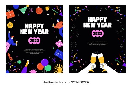 Happy new year. Merry joyful men and women rejoicing at festive winter party. Colorful 2023 celebration. Banner, flyer, greeting card, media post template, Modern style. Flat vector illustration.