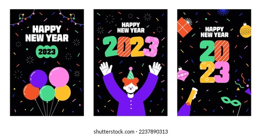 Happy new year. Merry joyful woman rejoicing at festive winter party. Colorful 2023 celebration. Poster, cover, greeting card, media post template, Modern style. Trendy design flat vector illustration