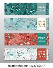 Happy New Year, Merry X-mas colorful ornate horizontal banner template set. Elegant fir branches, cones, mistletoe leaves, red elderberry and rowan berry pattern. EPS 10 vector backgrounds. 