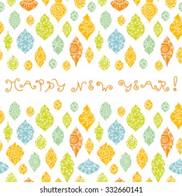 Happy new year and Merry Xmas greeting card with seasonal winter decoration and hand written celebration sign. Abstract geometric vector seamless pattern.
