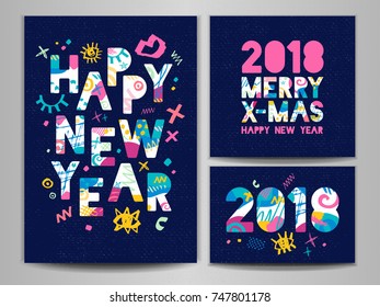 Happy New Year, Merry X-mas Lettering. Greeting card. Hand drawn vector elements. Blue background. Colorful design.