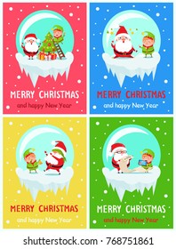 Happy New Year Merry Xmas postcard Santa and Elf decorating tree from ladder, sit with stars over head, playing hide-and-seek, reading wishes vector