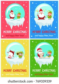 Happy New Year Merry Xmas postcard Santa and Elf merrily jumping, sit stars over head, dancing upside down listen to retro tape recorder, read wishes