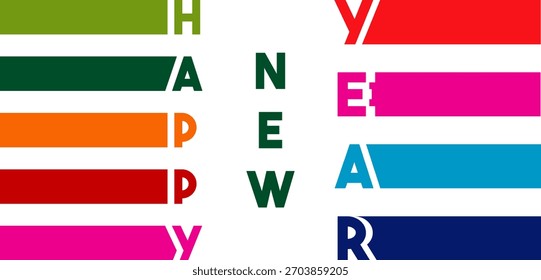 Un mensaje de feliz año nuevo mostrado con coloridas barras Horizontales y una tipografía atrevida crea un diseño festivo y moderno perfecto para tarjetas de felicitación y celebraciones navideñas.