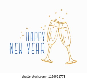 Happy New Year message handwritten with calligraphic font. Written festive phrase or wish decorated by clinking champagne glasses. Seasonal vector illustration for holiday greeting card, postcard.