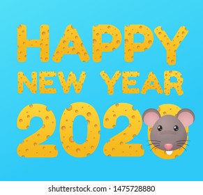 Happy New Year message made from cheese There is a cartoon rat leaping from the cheese cubes.