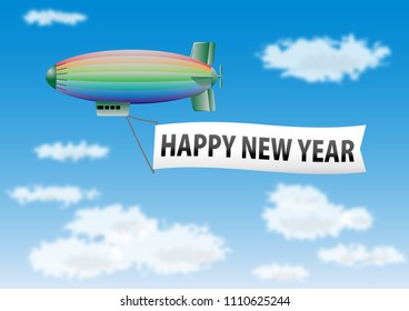 Happy new year message on the banner drawn by a colorful blimp in flight.