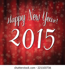 Happy New Year message. Retro typography with snowflakes and blurry background.
