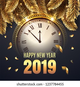 Happy New Year Midnight 2019 Gold Clock countdown to twelve O' Clock. Elegant Christmas illustration with gold fir-tree, black colors and confetti. Rich and luxury congratulation. Vector illustration