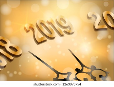 Happy New Year Midnight 2019. Gold Clock countdown to twelve O' Clock. Elegant Christmas illustration with clock hands, gold highlights and confetti. Banner or postcard. Vector illustration