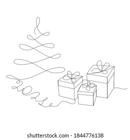 Happy New Year minimal design, background. One, continuous line drawing New Years simple design with Christmas tree and Gifts.