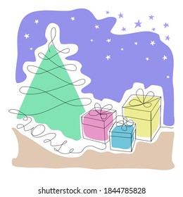 Happy New Year minimal design with coloure. Continuous line drawing New Years simple design with Christmas tree and Gifts.