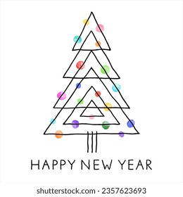 Happy New Year minimal style greeting card, illustration. Hand drawn doodle geometric minimalist Christmas tree, fir. Watercolor colorful ball toys decorations, uneven linear triangles and letters. 
