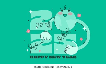 Happy New Year minimalistic environmentally friendly numbers 2025 on teal background.