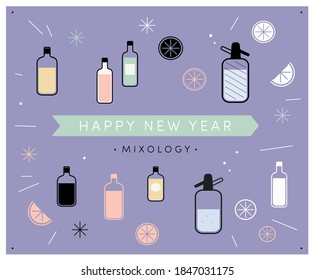 Happy New Year Mixology! Set Of Alcoholic Non-acoholic Drink Mixing Graphic Design Elements Icons. Fun Spirit Wine Alcohol Bottles Liquids Cut Lemons Oranges Citrus Fruit Decor. Pastel Background 