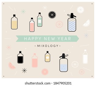 Happy New Year Mixology! Set of alcoholic non-acoholic drink mixing graphic design elements icons. Fun spirit wine alcohol bottles liquids cut lemons oranges citrus fruit decor. Pastel background 