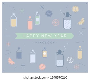 Happy New Year Mixology! Set Of Drink Mixing Graphic Design Elements, Icons. Funky Spirit Wine Beer Alcohol Bottles With Liquids. Pastel Colored Background With Cute Lemons Oranges Citrus Fruit Decor