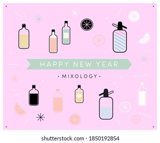 Happy New Year Mixology! Set Of Alcoholic Non-acoholic Drink Mixing Graphic Design Elements Icons. Fun Spirit Wine Alcohol Bottles Liquids Cut Lemons Oranges Citrus Fruit Decor. Pastel Background 